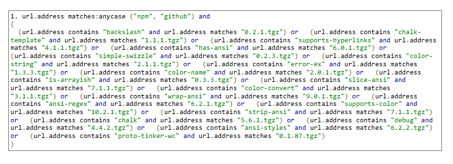 Screenshot of a code block defining search conditions for URLs containing specific package names, versions, and keywords such as "npm", "github", and several JavaScript packages.