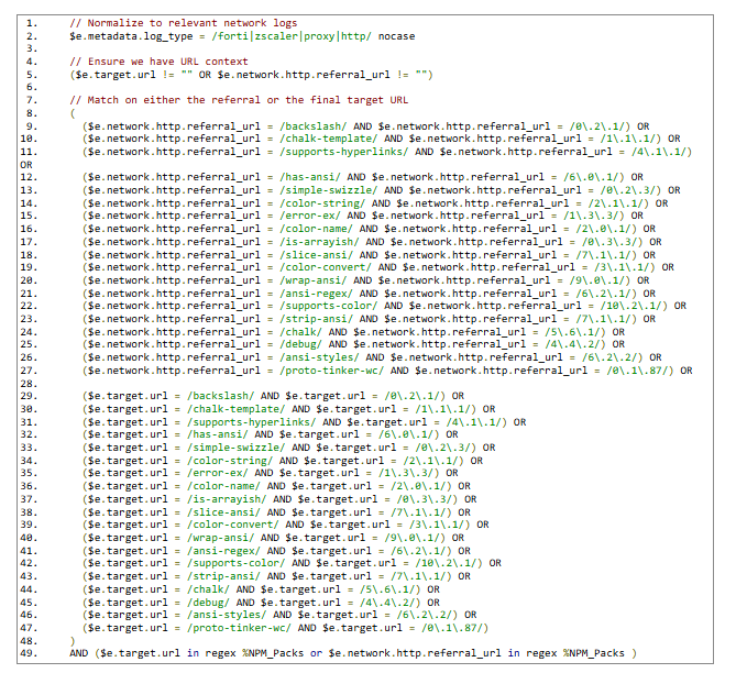 Screenshot of code in a text editor displaying a network logs normalization script using regular expressions to match referral URLs and target URLs, with comments explaining each step.