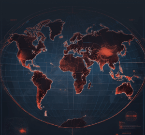 A digital world map displays major continents with highlighted red areas indicating regions of high activity or density, centered on China and parts of Europe, Africa, and the Americas.