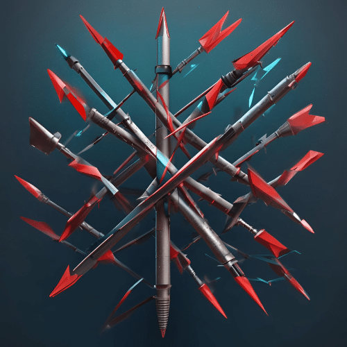  A cluster of arrows with red fletching intersect at various angles, forming a spherical pattern against a dark blue background.