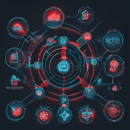  A circular network diagram with neon blue and red icons representing technology, gears, security, data, cloud, and other digital-related concepts, connected by glowing lines.
