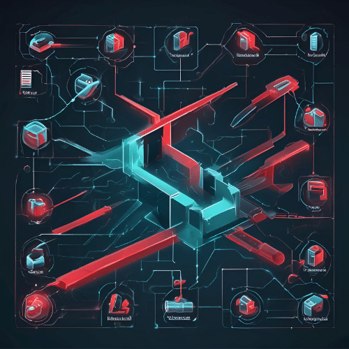  Diagram of a central digital hub connected to various icons representing documents, folders, cloud storage, and cybersecurity features, all linked by glowing lines on a dark background.