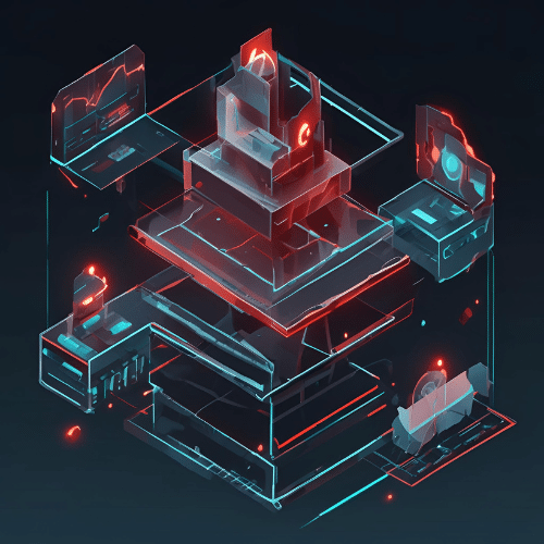  A stylized digital illustration shows floating, glowing layers and geometric components in red and blue tones, resembling a futuristic computer or data server system.