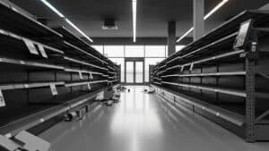 Empty store shelves line both sides of an aisle, hinting at recent retail supply cyber threats, with a few scattered items on the floor and bright light streaming through the front doors in the background.