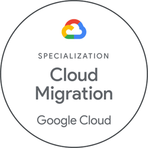 Google Cloud badge displaying "Specialization Cloud Migration" with the Google Cloud logo above the text, highlighting expertise in secure cloud migration and cyber security.