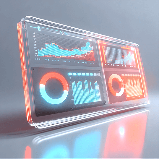  A transparent digital display shows various data visualizations, including bar graphs, line charts, and pie charts in blue and red tones.