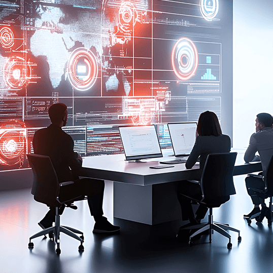  Three people sit at desks with computers in a modern office, analyzing data and digital maps displayed on a large screen covering the wall.