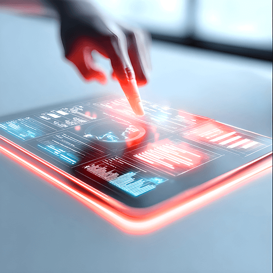  A hand interacts with a futuristic, glowing touchscreen interface displaying digital charts and data visualizations.