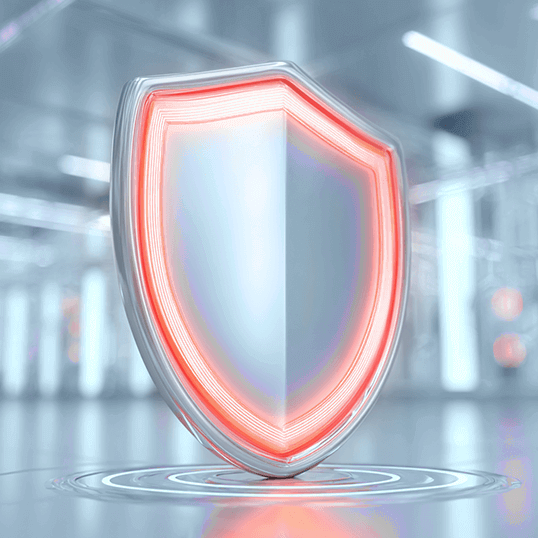  A metallic shield with a glowing red outline stands upright in a futuristic, reflective room.