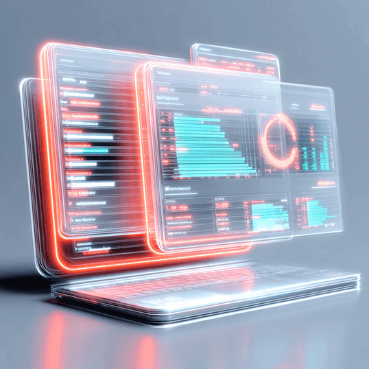  A digital illustration of a laptop displaying multiple overlapping, futuristic data dashboards with graphs, charts, and metrics in red and teal tones.