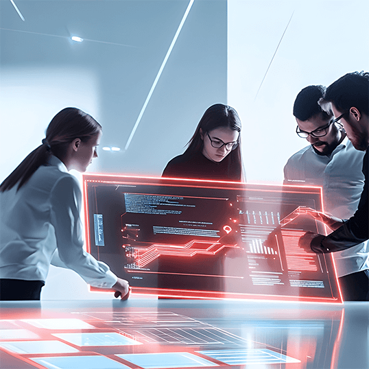  Four people standing around a futuristic digital touchscreen displaying data and code in a modern, high-tech office setting.