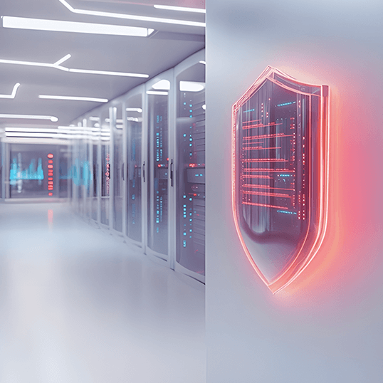 A futuristic server room with illuminated data racks and a glowing red shield symbol on a glass wall, suggesting cybersecurity protection.