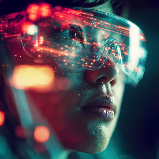 A person wearing futuristic augmented reality glasses with red digital light reflections on the lenses, embodying digital transformation as they look intently forward.