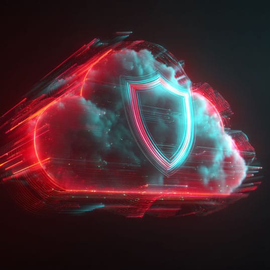 A digital cloud with a glowing shield symbol overlay, representing cloud security and Cyber Innovation, on a dark background.