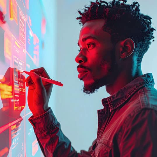A man writes with a marker on a digital screen displaying data and graphics, illuminated by red and blue lighting, reflecting the pace of digital transformation.