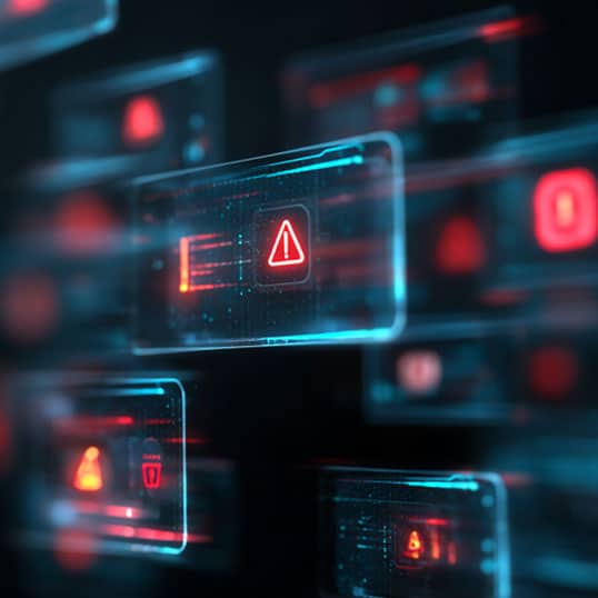 Multiple digital warning symbols with red exclamation marks and alert icons displayed on transparent floating screens, highlighting Security Gaps and suggesting a cybersecurity or system error theme.