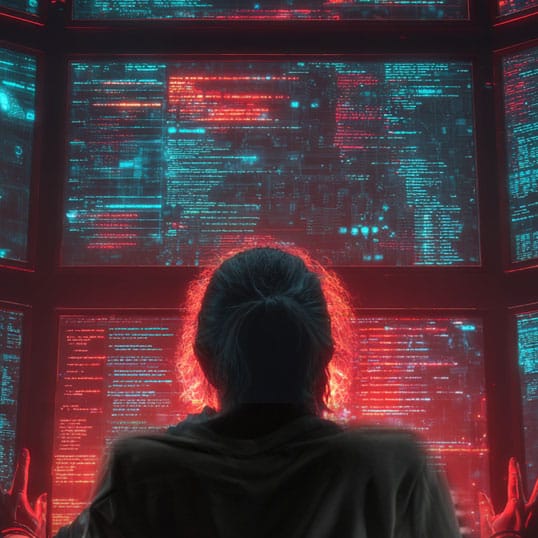  A person with tied-back hair faces multiple large computer screens in a dark room, monitoring red and blue code for potential threat detection and coverage gaps.