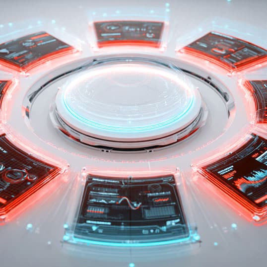  A circular futuristic interface with glowing blue and red digital panels arranged around a central dome, displaying threat detection data visualizations and highlighting security gaps.