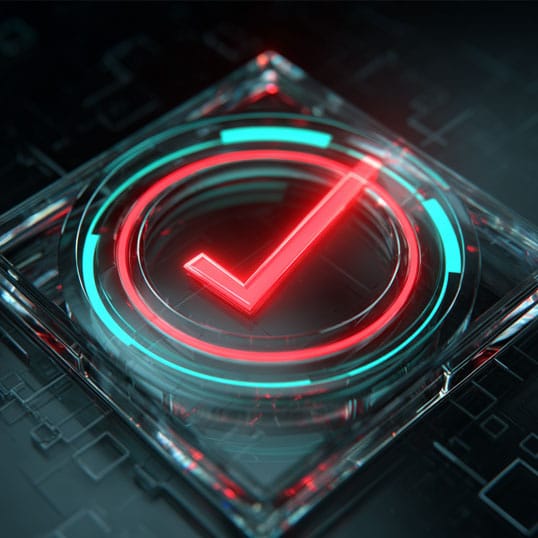  A glowing red checkmark is centered on a glass-like, digital square surface with blue accents, symbolizing threat coverage against cyber threats on a dark, circuit-like background.