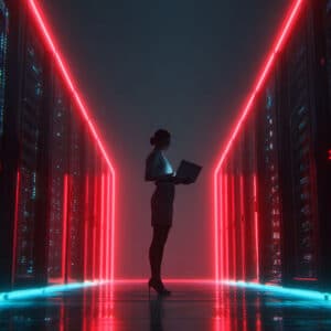 A person stands with a laptop between rows of illuminated server racks in a data center, silhouetted by red and blue lightsโactively monitoring for security gaps and enhancing threat detection.