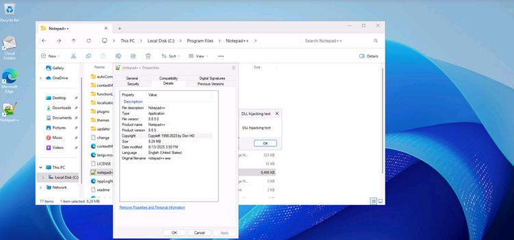 A Windows desktop shows Notepad++ properties, including version info, over an open folder window. A small popup labeled 