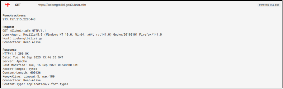 A screenshot of a HTTP GET request and response header details, including remote address, request details, and server response for cbcbergbiltis.ge/Suknia.afm.