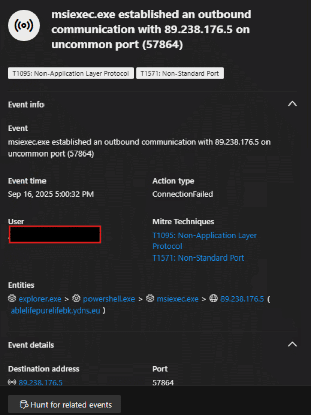 Alert showing msiexec.exe made outbound communication with IP 89.238.176.5 on uncommon port 57864, flagged as T1095 and T1571, with user information redacted.