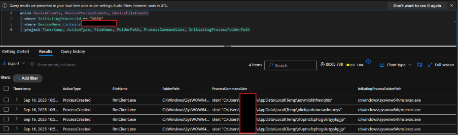 A screenshot of a code query and its results in a security monitoring tool, displaying file paths, process names, and timestamps; a sensitive field is redacted.