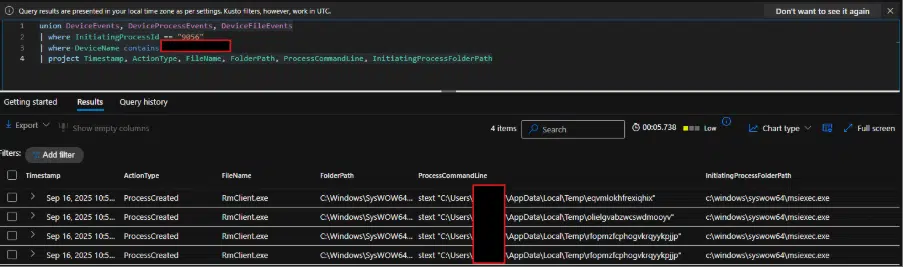 Analysis on executions initiated from msiexec.exe based on process ID shows random file names dropped in Temp directory.