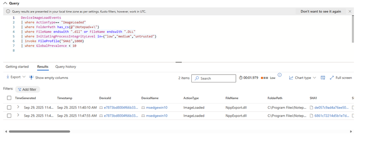 A screenshot of a data query interface displaying code, search and filter options, and a table with action logs, filenames, and file paths.