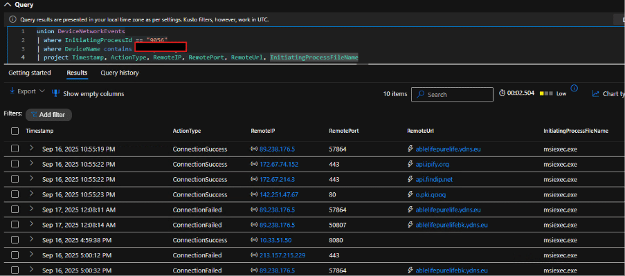 A screenshot of a query in a database tool showing filtered results with columns for Timestamp, ActionType, and other connection details. A section of the query is highlighted in red.