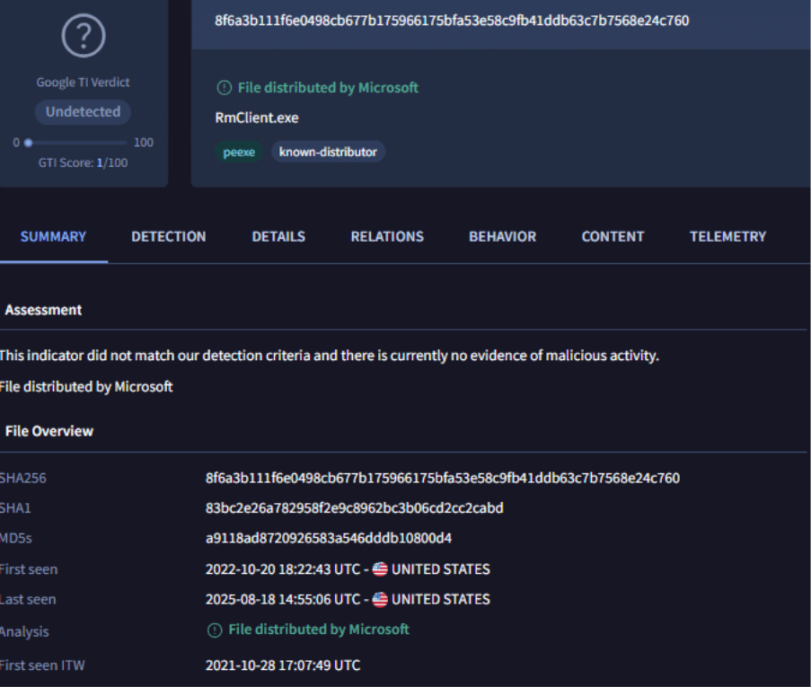 Screenshot of a security analysis report for the file RmClient.exe, showing no malicious activity detected and displaying file hashes and distribution details.