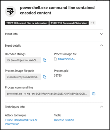 Screenshot of a security alert showing detection of an obfuscated PowerShell command line, including decoded strings, process image file path, and references to MITRE ATT&CK techniques.