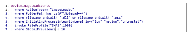 A screenshot of a code snippet filtering image load events, focusing on DLL execution of files with a .dll extension and low integrity levels, and invoking a file profile check.