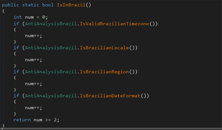 Screenshot of C# code defining a function IsInBrazil, which checks multiple conditions related to Brazilian locale and returns true if at least two are met.