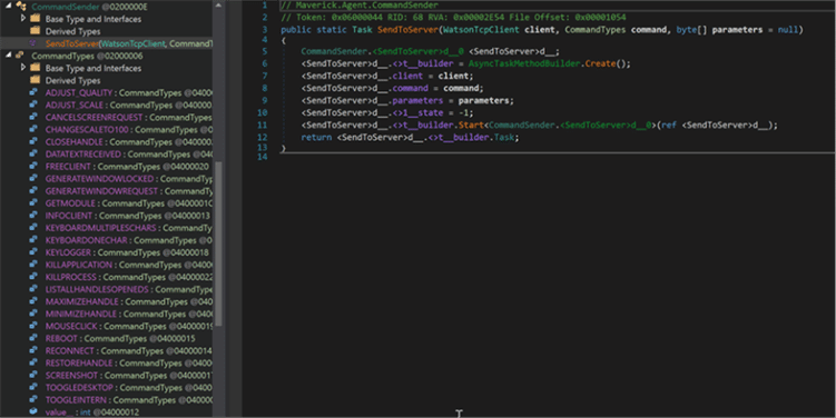 A computer screen displays C# code in Visual Studio, showing a method called SendToServer with parameters and various objects instantiated within the method.
