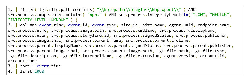 Screenshot of a data query filtering for Notepad++ plugins, specifying integrity levels and targeting Notepad++ Plugin Replacement or DLL Execution, with results sorted by event time and limited to 1000 entries.