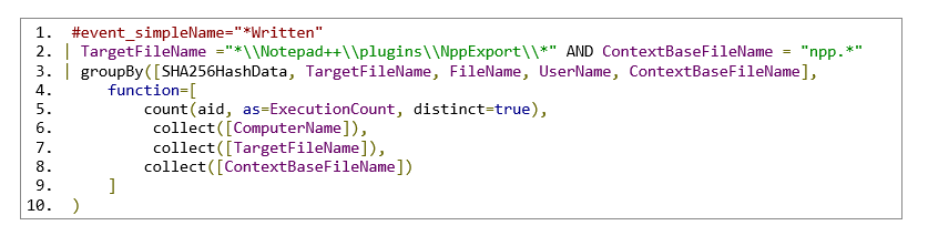 A code snippet groups and collects data from log events related to Notepad++ plugin replacement exports, filtering by execution count and multiple file name fields, while monitoring DLL execution.