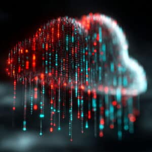 A digital cloud made of glowing red and blue binary code, symbolizing Cloud-Native migration and data transfer on a dark background.