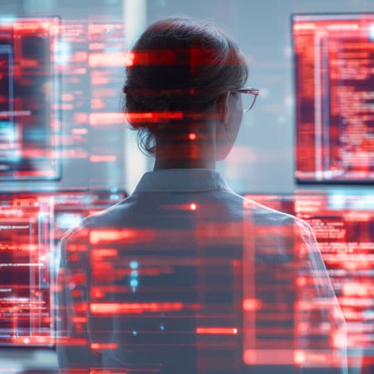  A person wearing glasses faces multiple computer monitors displaying red code and data in a dimly lit room, working to migrate complex systems to a cloud-native environment.