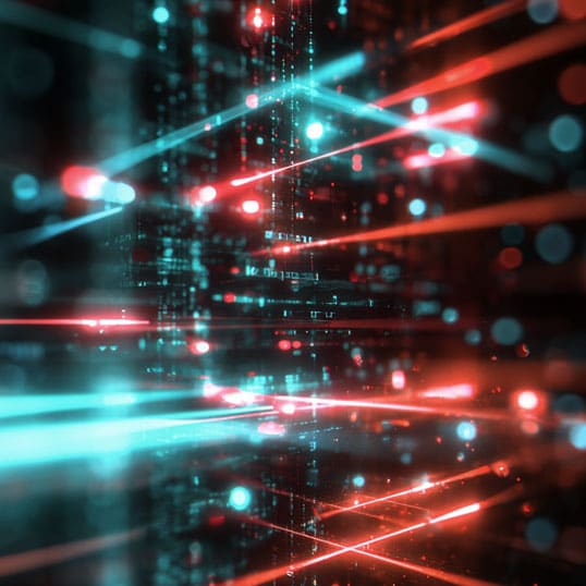  Abstract digital illustration featuring intersecting red and blue light beams and glowing dots, evoking a futuristic or technological theme reminiscent of cloud-native migration.