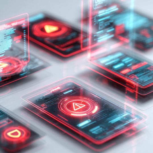  Multiple digital devices display red warning symbols and data on futuristic, transparent touchscreens, indicating cloud-native security alerts or system warnings in a high-tech setting.