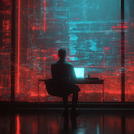  A person sits alone at a desk with a laptop, facing large digital screens displaying red and blue data patterns—immersed in the complexities of cloud migration in a dark room.