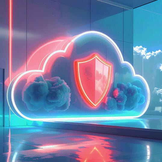  A glowing cloud icon with a shield symbol in the center stands in a modern, reflective room, representing secure log management with seamless sky views through glass walls.