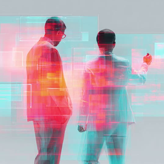  Two people in suits stand facing digital holographic screens, interacting with translucent, colorful data projections as they optimize log collection in a modern, minimal setting.