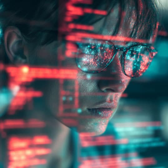  A person wearing glasses looks intently at a computer screen displaying red and blue code, reflecting digital data on their face as they focus on log collection and optimize their log management workflow.