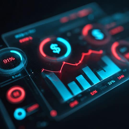  A digital dashboard optimizes financial data display with bar graphs, line charts, and percentage indicators in blue and red tones on a dark background.