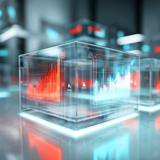  A translucent glass cube displays red and blue digital bar and line graphs, representing data analytics or financial statistics—ideal for illustrating how to rationalize security or optimize your security budget in a futuristic setting.