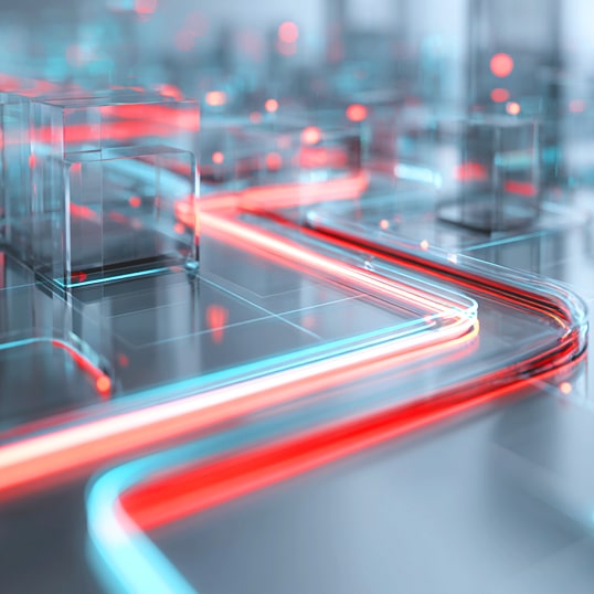  Glass blocks on a reflective surface with glowing red and blue lines weaving through them, evoking a futuristic digital network—an ideal visual for organizations looking to rationalize security or optimize their security spend.