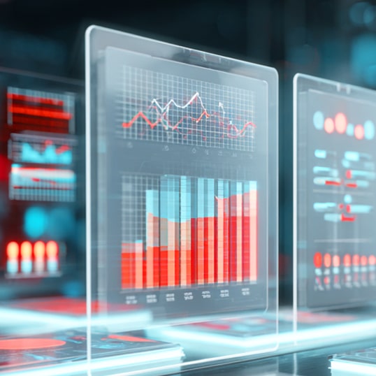  Digital display showing colorful bar and line graphs with various data visualizations, analyzing security spend in a modern, high-tech setting.